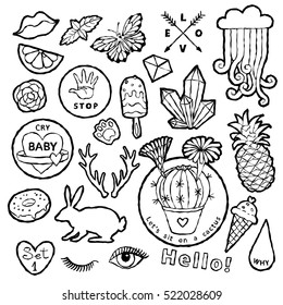 Black and white fashion patch badge elements in cartoon 80s-90s comic style. Set modern trend doodle sketch. Vector clip art illustration isolated.