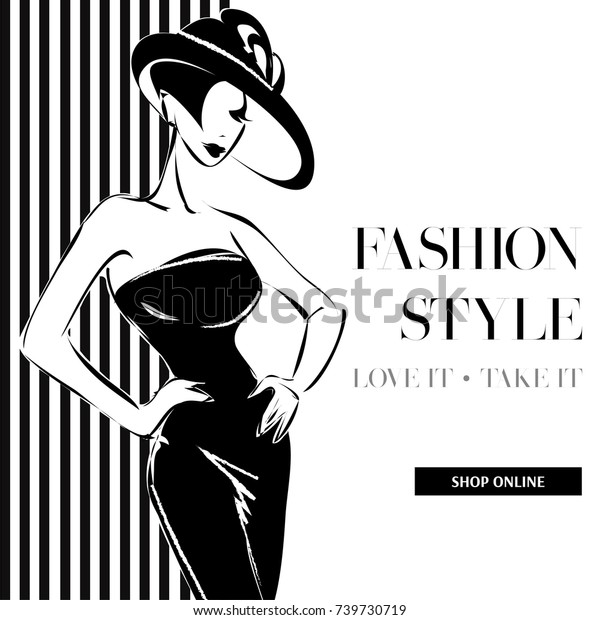 白黒のファッションセールバナーと女性のファッションシルエット オンラインショッピングのソーシャルメディア広告 美しい女の子のウェブテンプレート ベクター イラストアート のベクター画像素材 ロイヤリティフリー