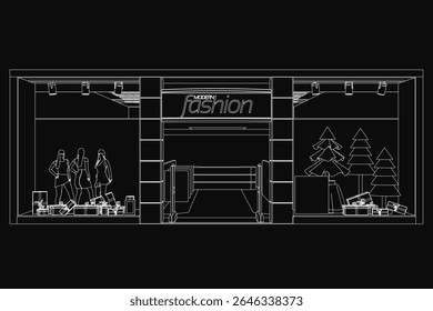 A black and white fashion store illustration features stylish shoppers standing outside, surrounded by trees and urban details. The dark background enhances the modern, artistic vibe, making it.