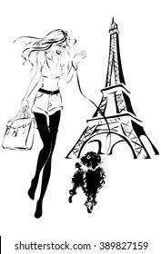 Black and white fashion woman with little dog near Eiffel Tower , hand drawn model illustration 