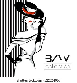 Black and white fashion woman model with boutique logo background. Hand drawn vector illustration