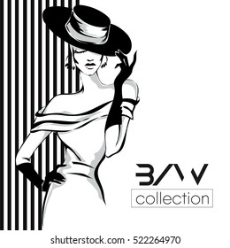 Black and white fashion woman model with boutique logo background. Hand drawn vector illustration