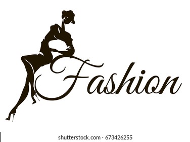 Black and white fashion woman model silhouette. Hand drawn vector illustration background