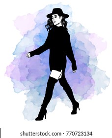 Black and white fashion woman model with boutique logo background. Hand drawn vector illustration