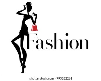 Black and white fashion woman silhouette with red bag, boutique logo, sale banner, shopping advertising. Hand drawn vector illustration art background