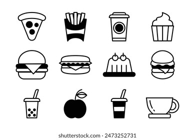 black and white fast food flat icon set on background