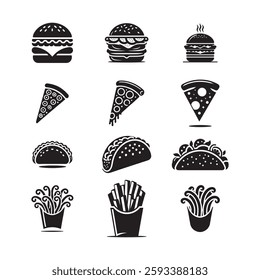 Black and White Fast Food Icons Set, Ideal for Menus, Branding, Food Apps, Digital Design,
 or Marketing Materials  