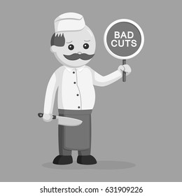 black and white fat butcher man with bad cuts sign black and white style