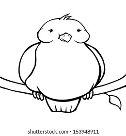 Black and white fat cartoon bird sitting on a branch.