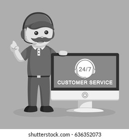 black and white fat delivery man with pc customer service black and white style