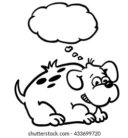 black and white fat dog with thought bubble cartoon