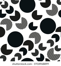 Black and white fat geometry vector seamless pattern. Big fish eating smaller fish. Circles and outcut shapes.