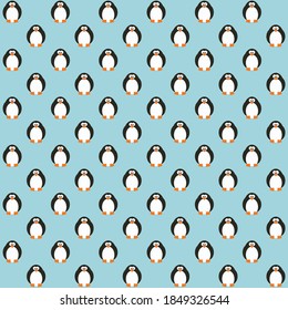 Black and white fat penguin with orange foot and blue background repeat pattern