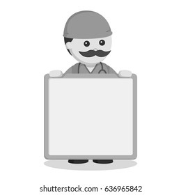 black and white fat surgeon with empty board black and white style