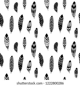 black and white feather graphic seamless pattern, vector illustration