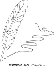 Black and white feather for writing. Linear, contour.  Illustration can be used for coloring book and pictures for children.
