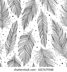 Black and white feathers seamless pattern set isolated, doodle art, boho style, vector background.