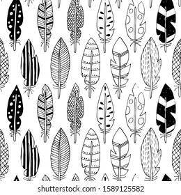 black and white feathers seamless pattern
