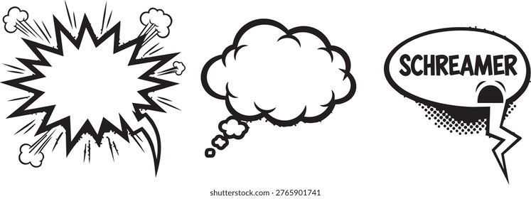 Black and white featuring a screaming man, a lightning bolt, and a thought bubble with the word 