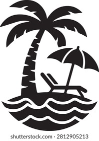 Black and white featuring a tropical palm tree standing on a sandy island shore next to a beach lounge chair and an open umbrella