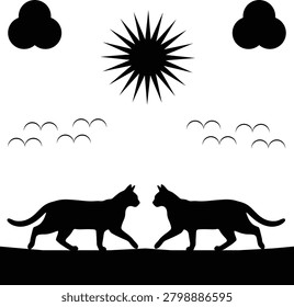 A black and white featuring two cats walking towards each other under a sun and clouds with birds in the sky on white