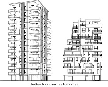 A black and white featuring two tall buildings with clean lines and geometric shapes set against a white background in a symmetrical composition black and white, tall buildings,......