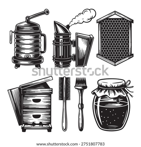 A black and white featuring various beekeeping tools and a jar of honey. The includes a beehive with visible honeycomb, a bee smoker emitting smoke, a beekeeping brush, and a jar of honey......