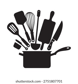 A black and white featuring various kitchen utensils and tools arranged around a pot. The utensils include a spoon, spatula, whisk, knife, cutting board, and ladle, all depicted in a minimalist style.