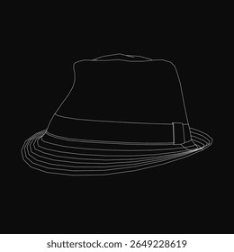 A black and white fedora hat stands out with crisp white outlines against a dark background. The minimalist drawing features clean lines and high contrast, emphasizing the hat's classic silhouette.