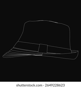 A black and white fedora hat stands out with crisp white outlines against a dark background. The minimalist drawing emphasizes clean lines and high contrast.