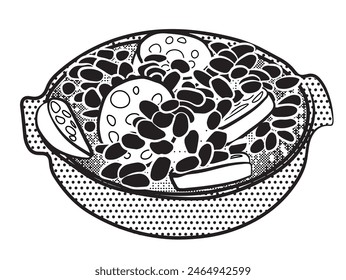 Black and white feijoada in the stone pan. bean stew with pepperoni sausage. Vector illustration isolated on white background.