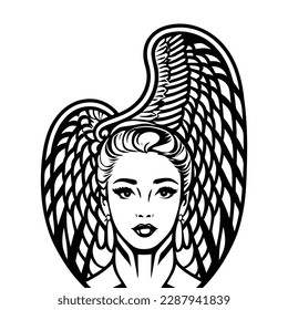 Black and white female angel with wings, retro religion isolated illustration with christian beauty lady