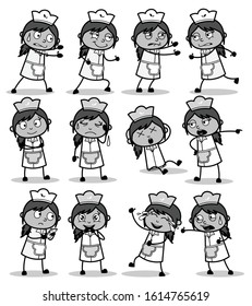 Black and White Female Comic Waitress - Set of Concepts Vector illustrations