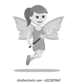 black and white female fairy with magic wand black and white style