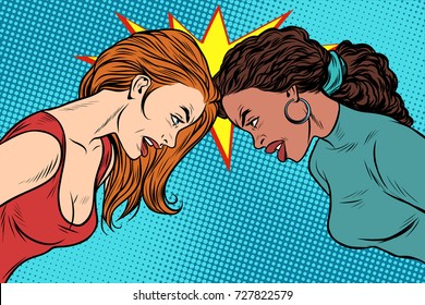 Black and White female standoff. Political and social conflict. Racial discrimination. National intolerance. Pop art retro vector illustration