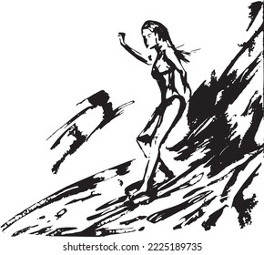 Black And White Female Surfer Hand Drawing Illustrating