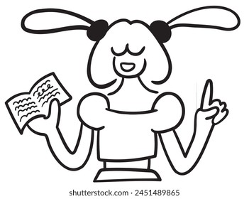 black and white female teacher girl woman character portrait with textbook in doodle style in vector. template for avatar design sticker coloring postcard poster print