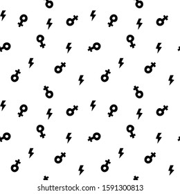 Black and white feminine seamless pattern with minimalist symbols.