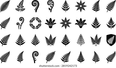 Black and white fern leaf vector icon set.