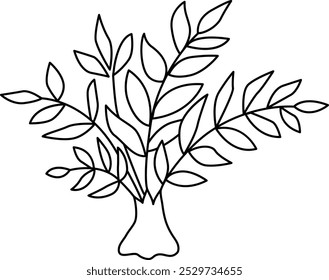 Ícone de folhas de samambaia preta e branca. Planta florestal ou florestal clipart isolado em fundo branco. Elemento de projeto da folhagem botânica. Ilustração de linha de ramificação de verde simples para crianças
