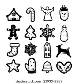 Black and White Festive Christmas Gingerbread Cookies With Icing. Tree, Star, Man, Snowflake, Angel, Candy Cane