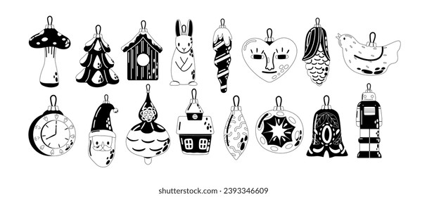 Black and White Festive Toys for Christmas Tree. Baubles, Lights, Heart and Clock, Icicles, Mushroom and Santa Trinkets