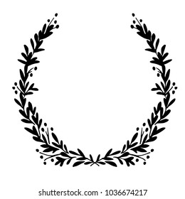 Black and white festive wreath. Hand drawn floral elements. Silhouette laurel wreath. Vector illustration.