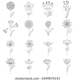 Black and white fictional flowers in flat style. Botanical set of 16 elements. Flora in your design. Colouring. 