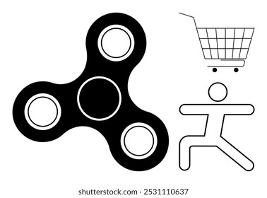 Fidget spinner en blanco y negro junto a un Carrito de compras y una figura de palo en un diseño simplista. Ideal para el alivio del estrés, el comercio, las compras, la forma física y el diseño minimalista. Blanco y negro