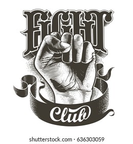 Black and white fight club label with fist. Vintage vector engraved illustration.