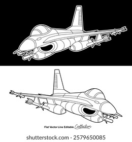 Black and white fighter jet, flat vector illustration