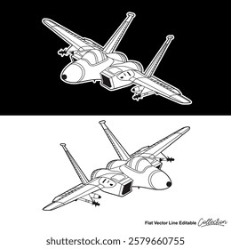 Black and white fighter jet, flat vector illustration