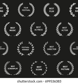 Black and white film award wreaths. Seamless pattern. Vector illustration.