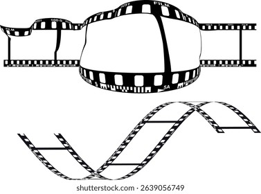 Black white film strip set. Classic cinema, photography, and movie theme elements. Ideal for video, entertainment, media, or storytelling designs. Isolated vector graphic.